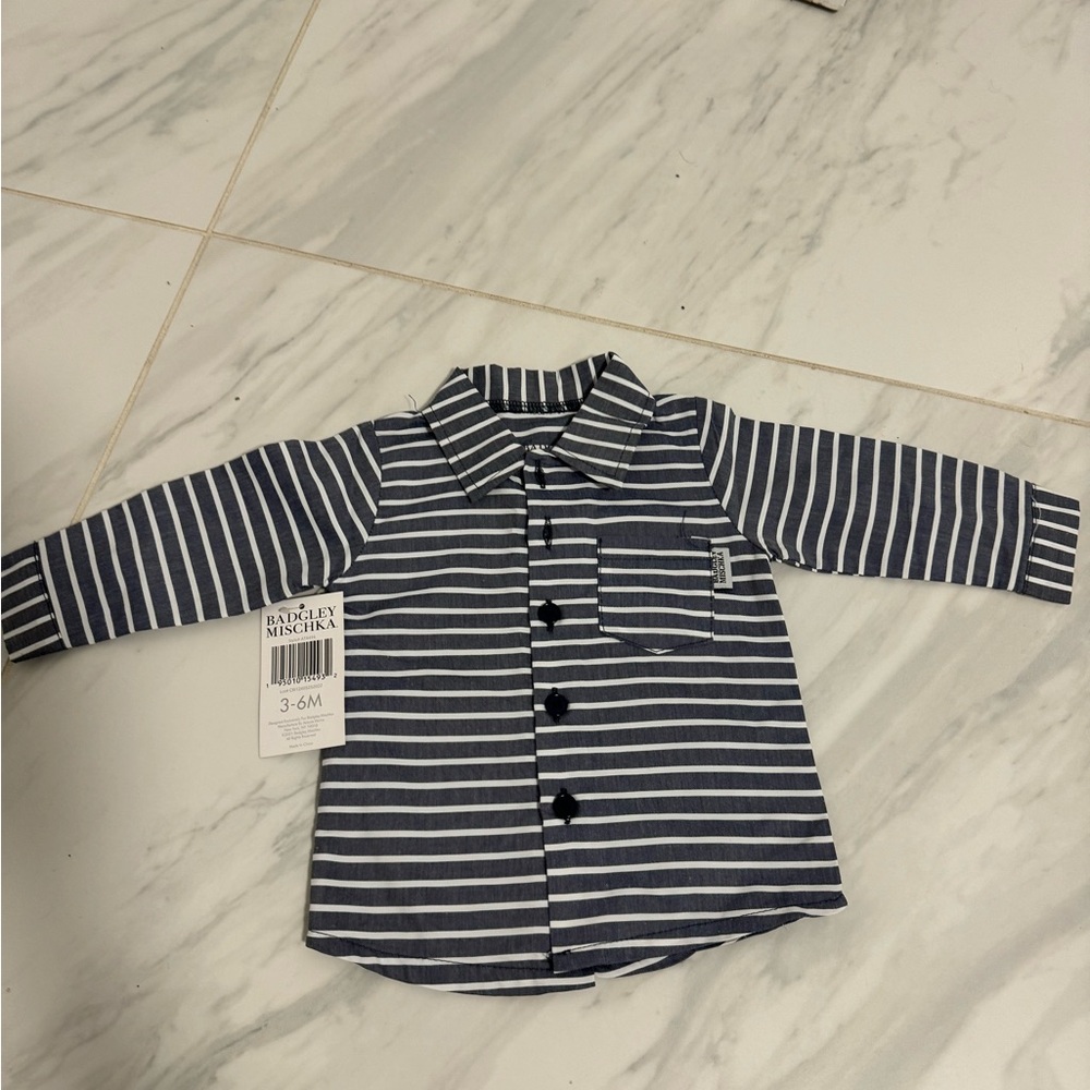 NWT Badgley Mischka blue and white stripped button down shirt 3-6 month